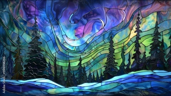 Obraz Stained glass window with pine trees in winter forest colorful sky. Digital painting.