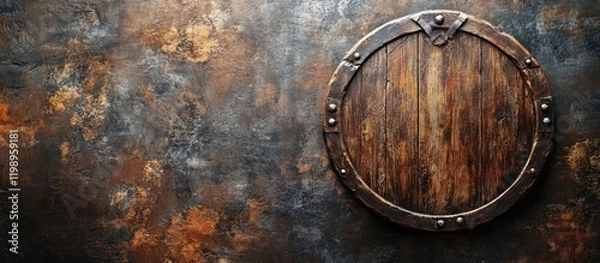 Fototapeta Medieval wooden shield mounted against a textured dark brown and rusty wall, featuring space for custom text or branding.