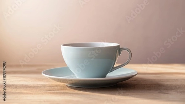 Fototapeta Minimalist close-up of a light blue coffee cup on a white saucer, positioned on a wooden table with soft background lighting.
