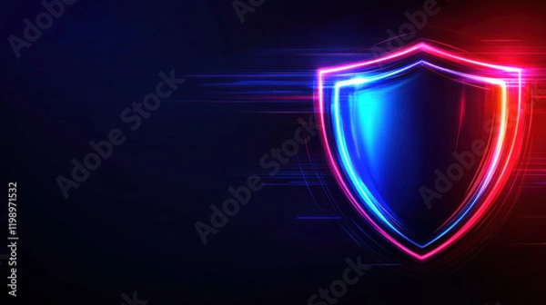 Fototapeta Digital shield glowing in neon blue and red lights, symbolizing protection