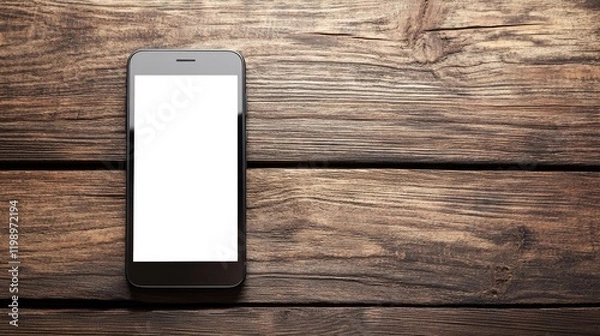 Fototapeta Close up black smartphone with blank screen on textured wooden table background with empty copy space for text display and mockup design