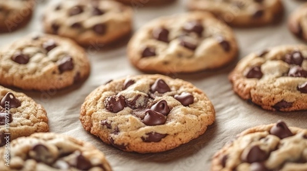 Fototapeta Freshly Baked Chocolate Chip Cookies on Brown Parchment Paper with Soft Focus Background and Empty Space for Text or Branding