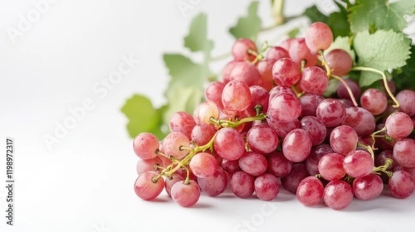 Fototapeta Close-up of fresh red grapes on white background with green leaves and empty space for text.