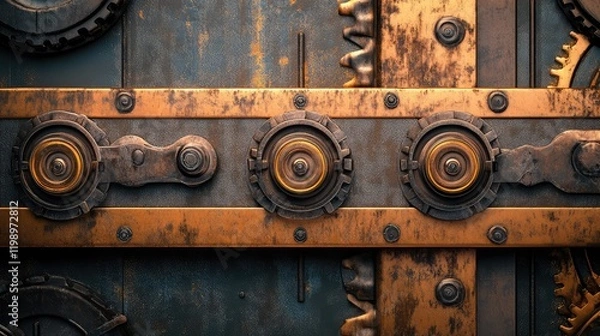 Fototapeta Detailed view of a rusty conveyor belt system with metallic gears, showcasing textures and machinery in an industrial setting.
