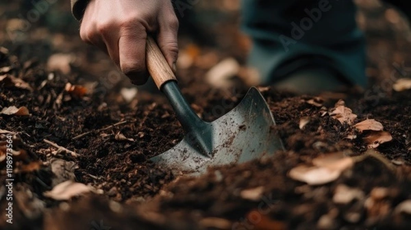 Fototapeta Close up of a gardener's hand using a metal shovel in a spring woodland garden with rich brown mulch and textured soil, ideal for landscaping concepts and ideas.