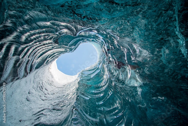 Fototapeta Blue sky visible from a hole inside an icecave in Iceland