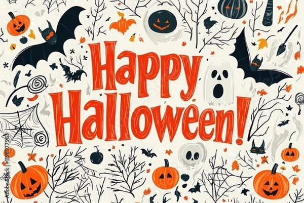 Fototapeta Fun Halloween decorations feature pumpkins, bats, and ghosts alongside the cheerful message wishing everyone a Happy Halloween. Perfect for a festive atmosphere and seasonal celebration.