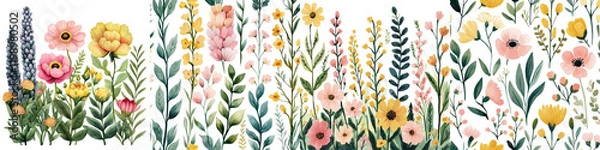 Obraz Vibrant and Colorful Floral Background with Blooming Flowers Lush Greenery and Organic Botanical Elements  Ideal for Spring and Summer Themed Designs Romantic Nature Inspired Wallpapers and Patterns