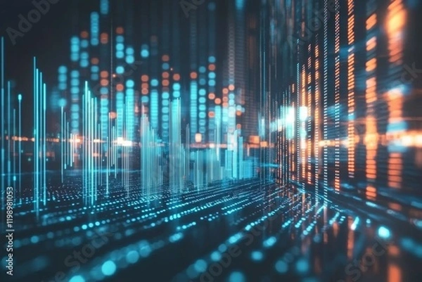 Fototapeta A digital abstract background with blue and white color tones, featuring an array of bar graphs on the right side. The bar charts represent financial data or stock market trends. 