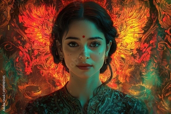 Fototapeta A woman dressed in elegant traditional attire stands against a striking backdrop filled with vivid, colorful designs. The setting enhances her cultural beauty and adds to her graceful presence.