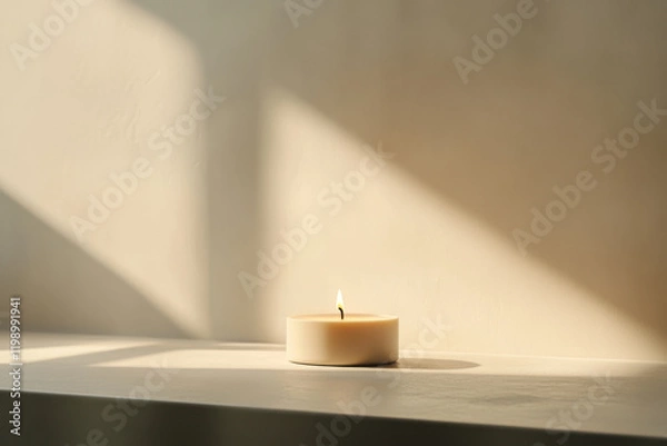 Fototapeta Soft light dances around a solitary candle on a serene tabletop creating a tranquil ambiance in a cozy space