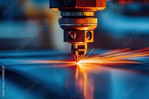 Fototapeta Close-Up of Laser Cutting Machine Head with Bright Sparks, Precision Technology in Action, Modern Manufacturing Process in Metal Fabrication Setting
