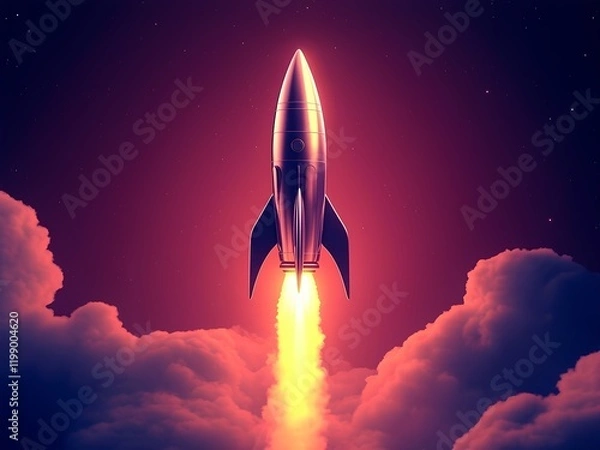 Fototapeta A glowing rocket launching into the starry sky on a dark gradient background, symbolizing innovation and exploration.