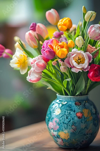 Fototapeta bouquet of tulips in a colored vase against a background of sunlight