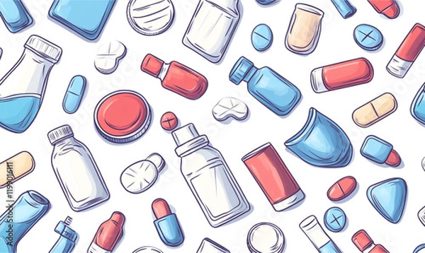 Fototapeta Seamless pattern of colorful medical items including vials, syringes, and pills on a white background.