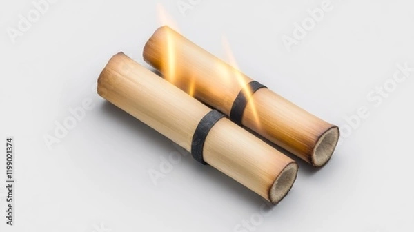 Fototapeta Burning Bamboo Scrolls Isolated on White Background. Generative AI