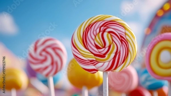 Fototapeta A candy stand bursting with vibrant colors featuring cotton candy caramel apples and lollipops set against the lively backdrop of a carnival fair 