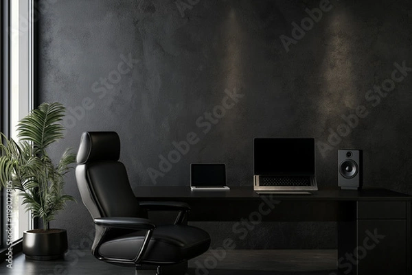 Fototapeta dark grey concrete wall office interior with black leather chair and sunny light