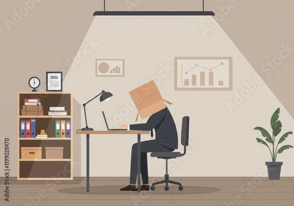 Fototapeta Anonymous office worker with box on head at desk under spotlight