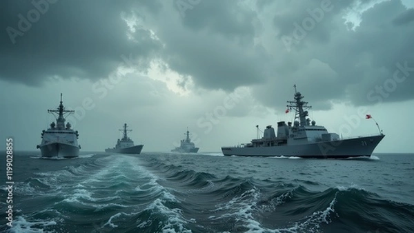 Fototapeta Four majestic navy ships sail in formation across an expansive, dark blue ocean under a clear sky. A proud Canadian flag flutters atop the leading vessel