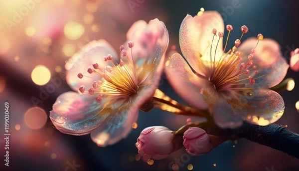 Fototapeta Close-up of a budding cherry blossom, showcasing soft pink petals and vibrant golden stamens against a blurred background, radiating spring's delicate charm.