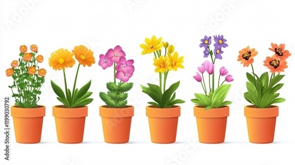 Fototapeta Colorful Flower in Pot Vector Illustration, Isolated 2D Flat Design