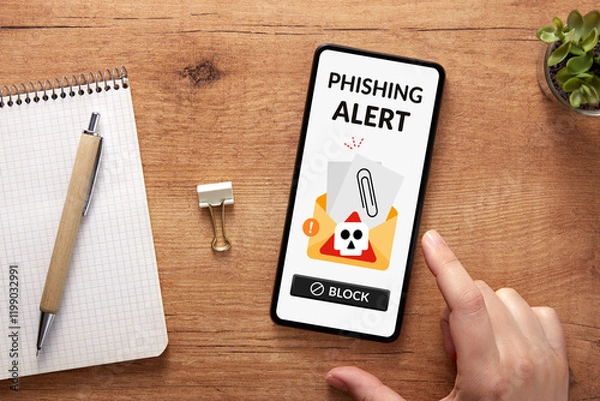 Fototapeta Online scam warning. Overhead shot of hand with smartphone displaying a phishing alert over cozy workspace. 