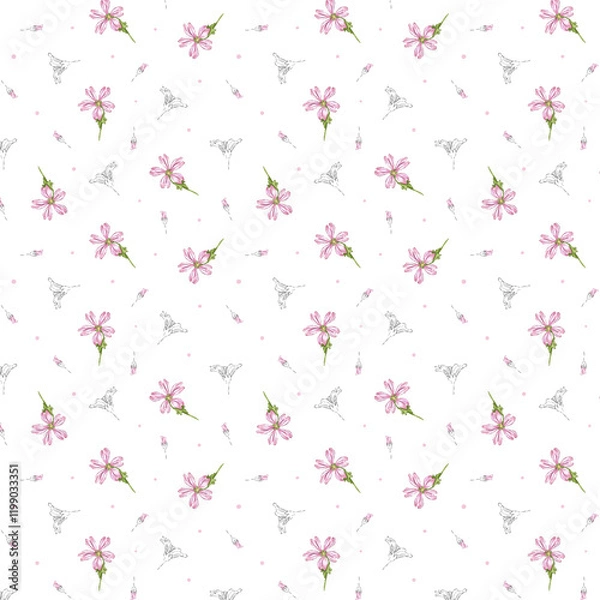 Obraz Floral pattern. Seamless pattern with wild wildflower pink flowers. Flower blossom. Illustration in sketch and color style. Doodle and line drawing. Summer design for textile, packaging, paper