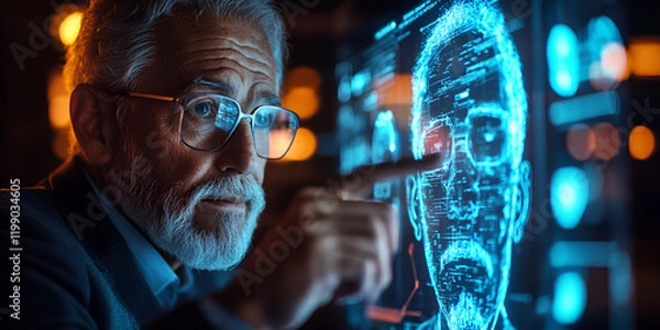 Fototapeta Senior scientist analyzing facial recognition data on digital screen, Artificial intelligence technology, A tech-savvy business leader interacting 