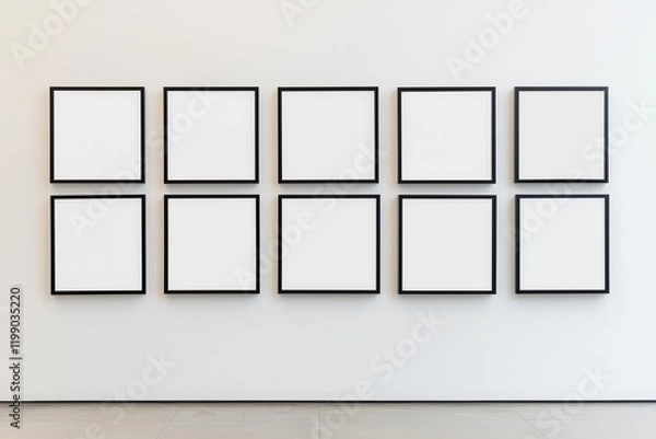 Fototapeta Art gallery wall with black frames and ample spacing.