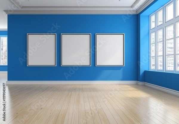 Fototapeta Empty blue room with three large frames on a blue and white wall.