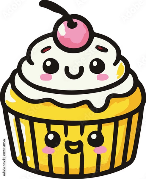 Fototapeta Adorable cute cartoon food stickers, an ice cream cup and cone with a face, a cheerful cupcake