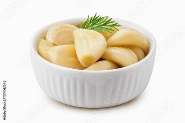 Fototapeta Pickles garlic in white bowl isolated on white background with clipping path and full depth of field