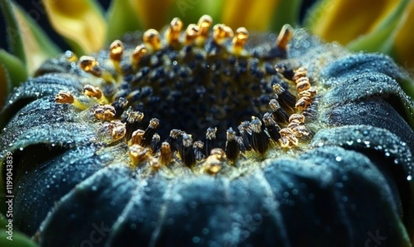 Fototapeta Close-up of the center of a sunflower, showing petals, seeds, and pollen