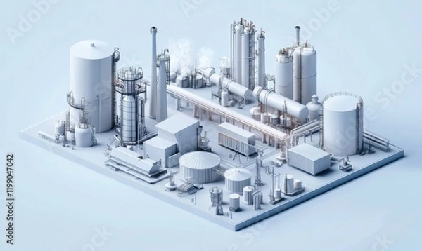 Obraz detailed 3D rendering of complex industrial refinery setup featuring various cylindrical structures and pipelines, showcasing modern design. scene is set against light blue background, emphasizing