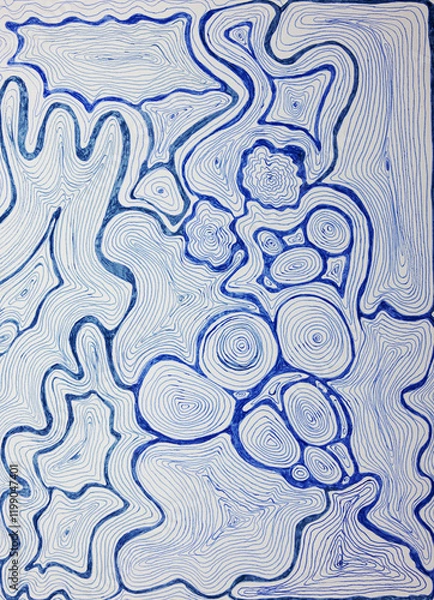 Fototapeta Doodle of abstract shapes in blue pen and ink. The dabbing technique near the edges gives a soft focus effect due to the altered surface roughness of the paper.