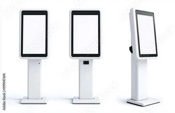 Fototapeta Three white kiosks, isolated, blank screens, presented from various viewpoints.