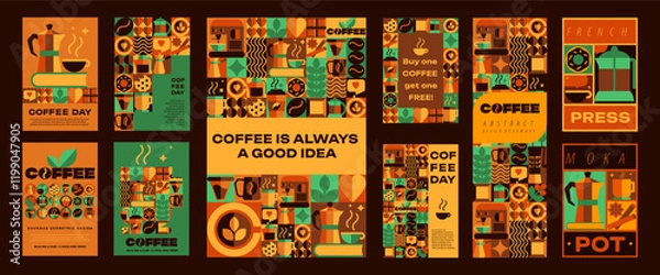 Fototapeta Coffee posters and banners with seamless patterns, Icons, Abstract Symbols, in Geometric Design