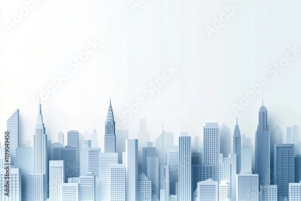 Fototapeta White background, light blue gradient city skyline, in a minimalist design, 3d rendered style
