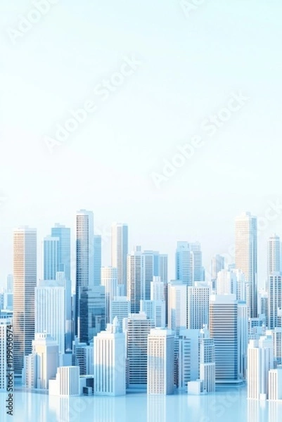 Fototapeta White background, light blue gradient city skyline, in a minimalist design, 3d rendered style