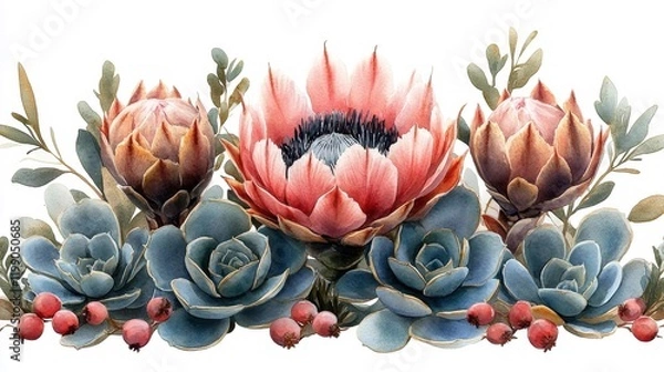 Fototapeta Watercolor Botanical Art with Succulents and Protea. Generative AI