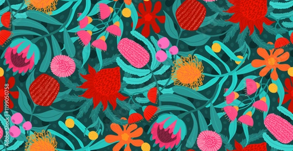 Fototapeta native australian flora seamless pattern in teal turquoise  red pink colors aussie flowers and foliage hand drawn vector illustration repeat design