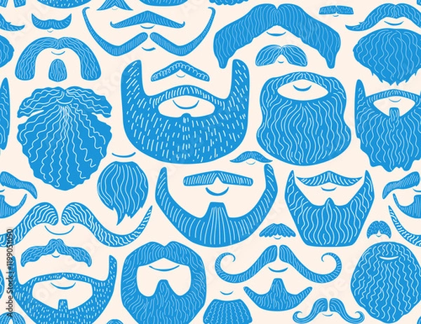 Fototapeta hand drawn varios shapes and styles men beard and mustache seamless pattern, vector illustration repeat design print in blue and cream