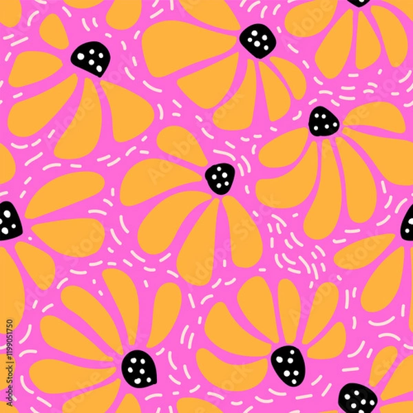 Fototapeta modern abstract black eyed susan flowers seamless pattern in pink yellow black white colors, hand drawn vector illustration repeat print