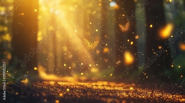 Fototapeta Macro abstract composition of floating pollen particles glowing golden in a sunlit atmosphere