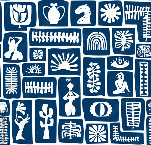 Fototapeta boho bohemian chic blue and white block print style seamless pattern with floral ethnic, tribal botanical elements vector illiustration repeat print design