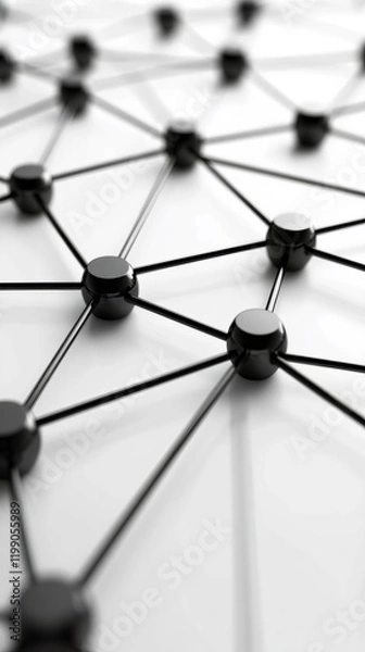 Obraz Black spheres interconnected by lines representing a network, symbolizing connection, communication, and data flow in a technological or social context