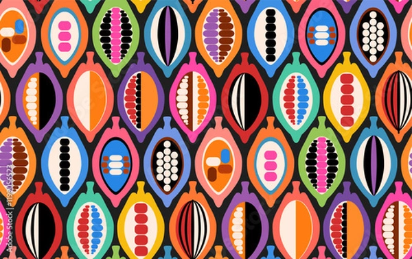 Fototapeta cocoa pods fruits beans multi-colored on black seamless pattern, vector illustration repeat design print