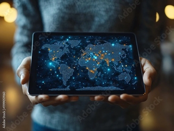 Fototapeta Hands holding tablet displaying glowing world map in blurry room