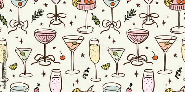 Fototapeta Seamless pattern with various alcohol drinks. Hand drawn ink vector illustration. Elements for poster, social media, banners, invitation. Trendy coquette core template.   